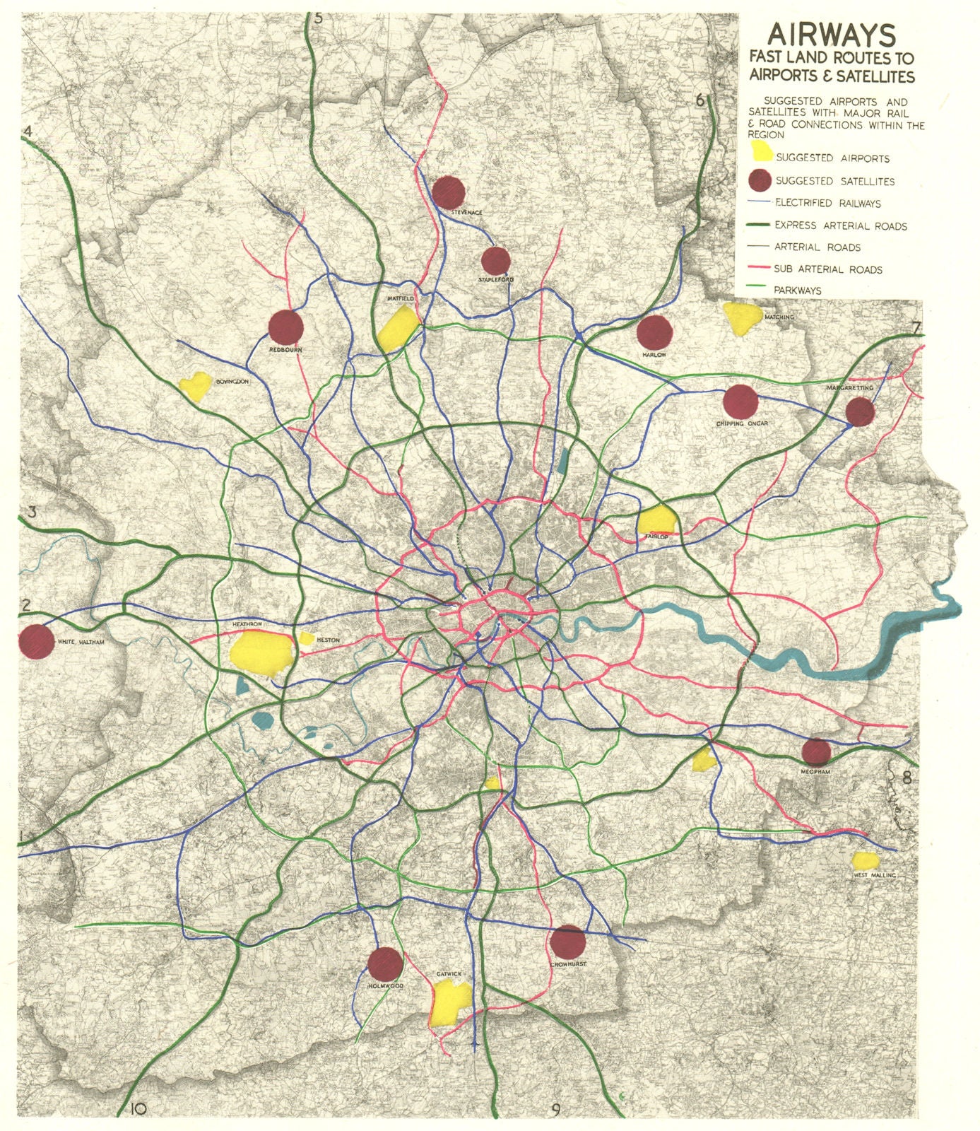 GREATER LONDON PLAN. Airports & road/rail connections. ABERCROMBIE 1944 map